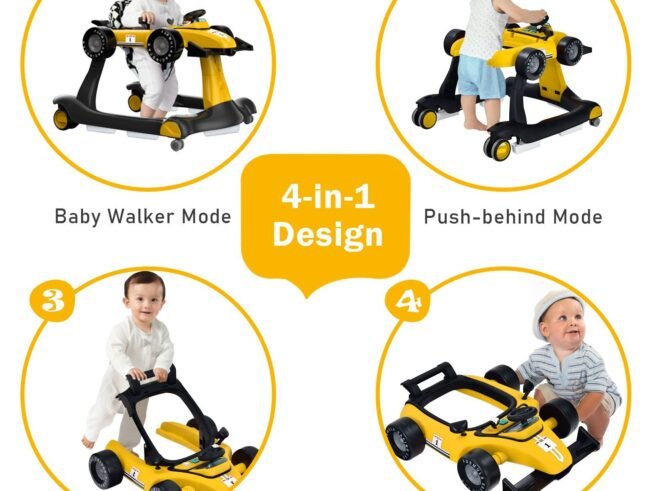 Foldable Baby Walker 4 in 1 Pusher Adjustable Height and Speed Music Box with Light