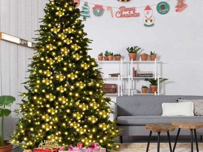 Artificial Christmas Tree 240cm 81 Pine Cones, LED Lights, Metal Base