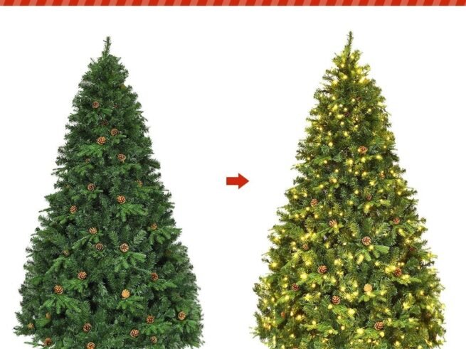 Artificial Christmas Tree 240cm 81 Pine Cones, LED Lights, Metal Base