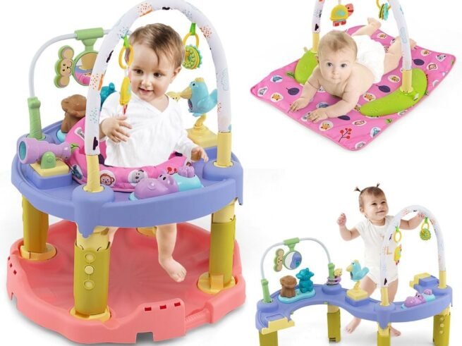 3 in 1 Foldable Baby Activity Table Scalable Walker Activity Mat 360° Rotating Seat