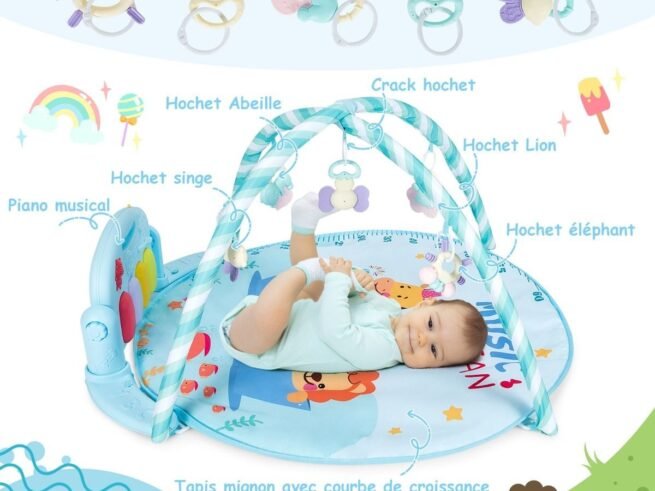 4-in-1 Scalable Baby Musical Activity Mat with 5 Hanging Sensory Toys Piano with Lights