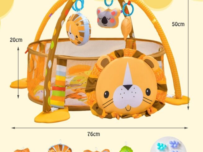 4 in 1 Baby Play Mat in Lion Shape 4 Hanging Toys and 30 Balls Protective Net