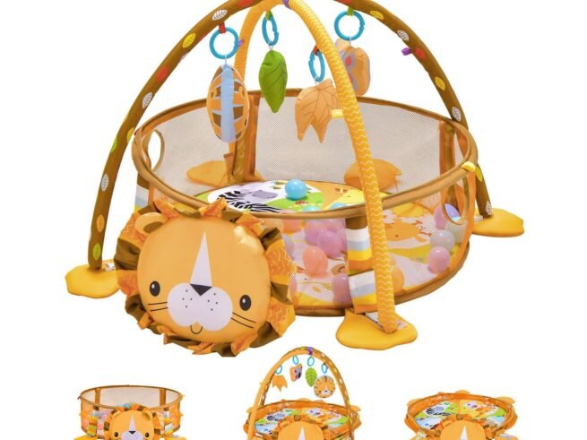 4 in 1 Baby Play Mat in Lion Shape 4 Hanging Toys and 30 Balls Protective Net