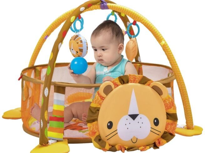 4 in 1 Baby Play Mat in Lion Shape 4 Hanging Toys and 30 Balls Protective Net