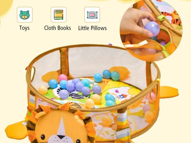 4 in 1 Baby Play Mat in Lion Shape 4 Hanging Toys and 30 Balls Protective Net