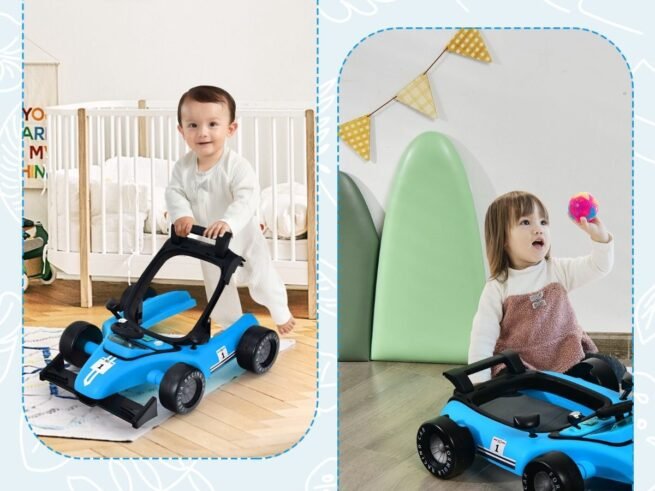 Foldable Baby Walker 4 in 1 Pusher Adjustable Height and Speed Music Box with Light