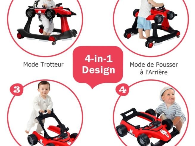 Foldable Baby Walker 4 in 1 Pusher Adjustable Height and Speed Music Box with Light