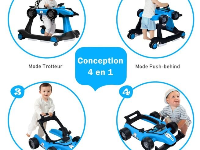 Foldable Baby Walker 4 in 1 Pusher Adjustable Height and Speed Music Box with Light