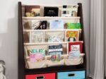 Kids Bookshelf Storage Shelf with 4 Shoulder Shelves and 2 Toy Boxes