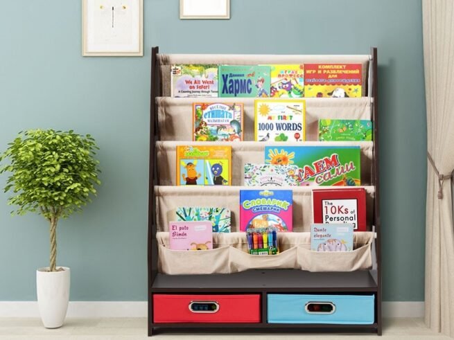 Kids Bookshelf Storage Shelf with 4 Shoulder Shelves and 2 Toy Boxes