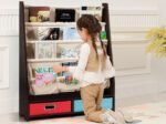 Kids Bookshelf Storage Shelf with 4 Shoulder Shelves and 2 Toy Boxes