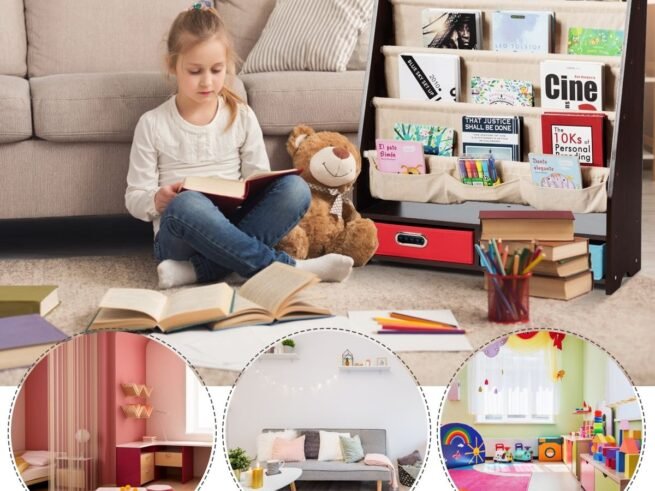 Kids Bookshelf Storage Shelf with 4 Shoulder Shelves and 2 Toy Boxes
