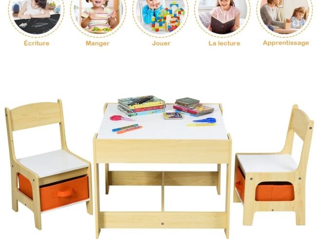 Children's Table Chair Set Removable 2-Sided Board 2 Boxes Desk with Storage