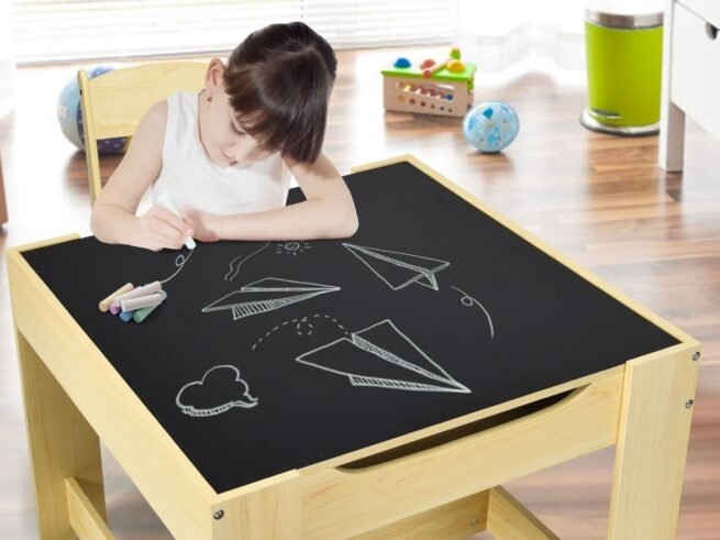 Children's Table Chair Set Removable 2-Sided Board 2 Boxes Desk with Storage