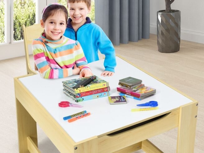 Children's Table Chair Set Removable 2-Sided Board 2 Boxes Desk with Storage