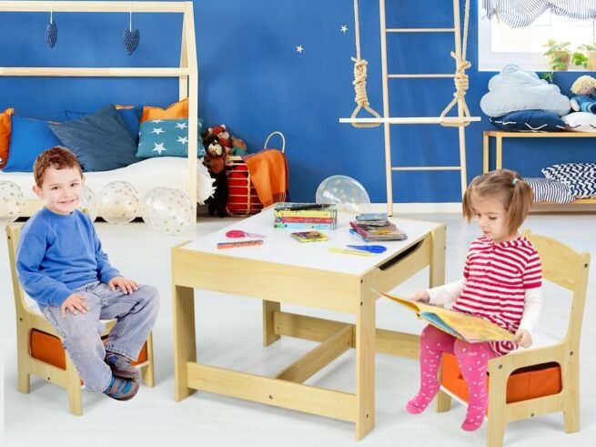 Children's Table Chair Set Removable 2-Sided Board 2 Boxes Desk with Storage