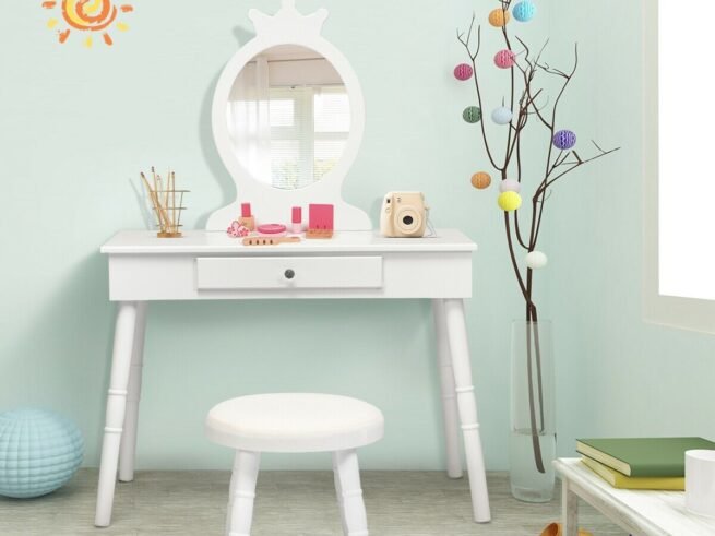 Children's Dressing Table with Drawer and Stool Girls' Makeup Table White