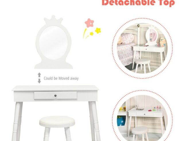 Children's Dressing Table with Drawer and Stool Girls' Makeup Table White