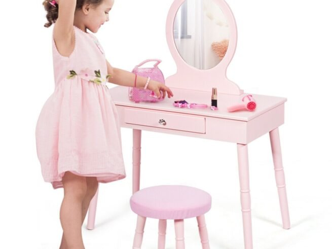 Children's Dressing Table with Drawer and Stool Girls' Makeup Table White