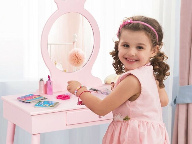 Children's Dressing Table with Drawer and Stool Girls' Makeup Table White