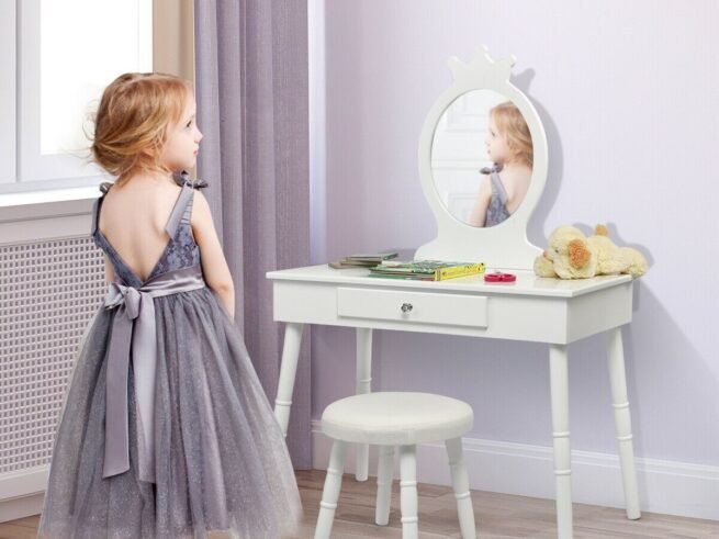 Children's Dressing Table with Drawer and Stool Girls' Makeup Table White