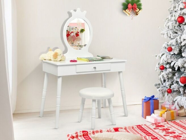 Children's Dressing Table with Drawer and Stool Girls' Makeup Table White