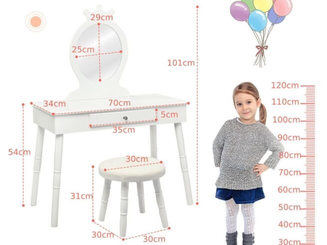 Children's Dressing Table with Drawer and Stool Girls' Makeup Table White
