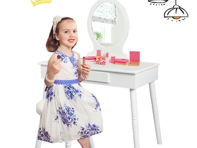 Children's Dressing Table with Drawer and Stool Girls' Makeup Table White