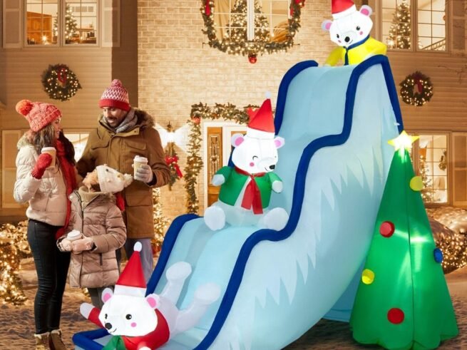 Inflatable Christmas Decoration 3 Polar Bears Slide LED Lights
