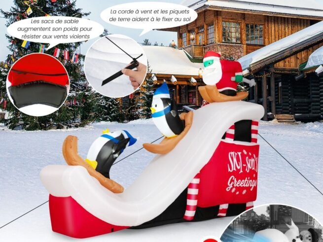 Inflatable Christmas Decorations Santa ClausSkiing Penguins with 4 LED Lights