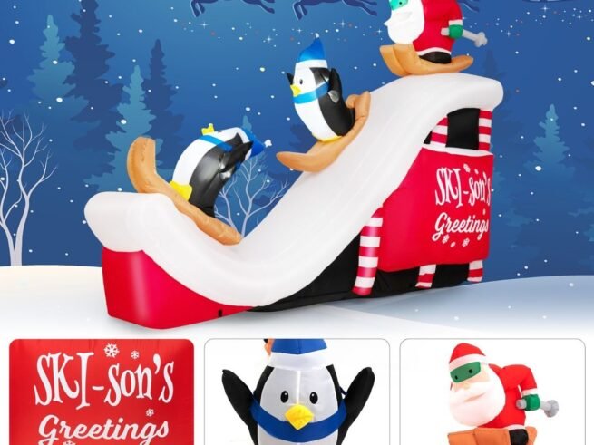 Inflatable Christmas Decorations Santa ClausSkiing Penguins with 4 LED Lights