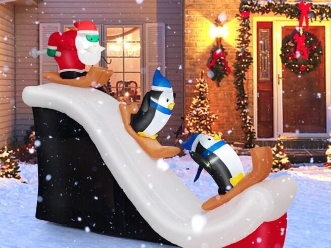 Inflatable Christmas Decorations Santa ClausSkiing Penguins with 4 LED Lights