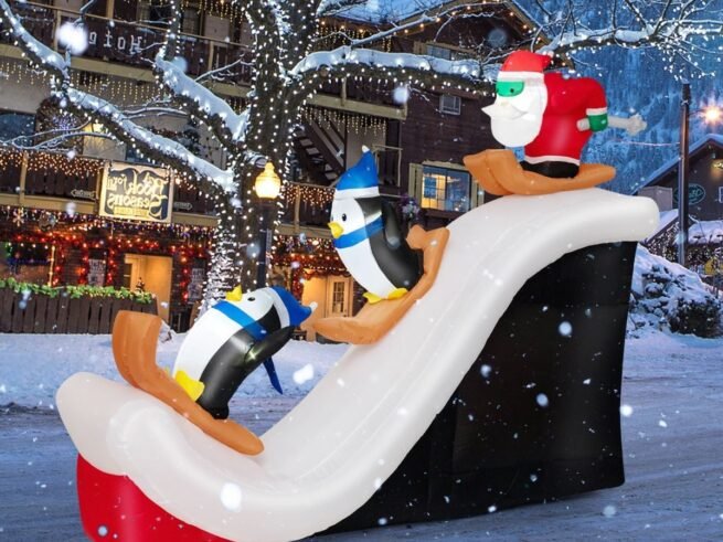 Inflatable Christmas Decorations Santa ClausSkiing Penguins with 4 LED Lights