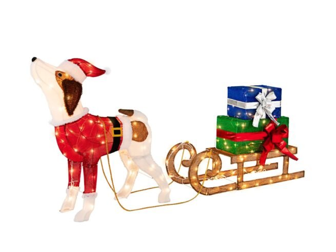 Pre-lit Lighted Christmas Dog Sleigh Gift Boxes Combo Decoration