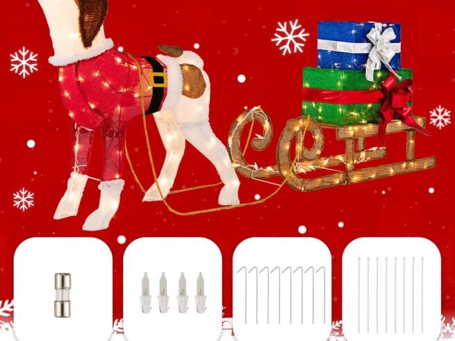 Pre-lit Lighted Christmas Dog Sleigh Gift Boxes Combo Decoration