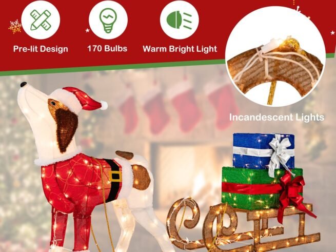 Pre-lit Lighted Christmas Dog Sleigh Gift Boxes Combo Decoration