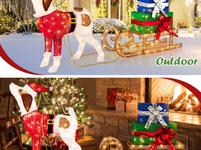 Pre-lit Lighted Christmas Dog Sleigh Gift Boxes Combo Decoration