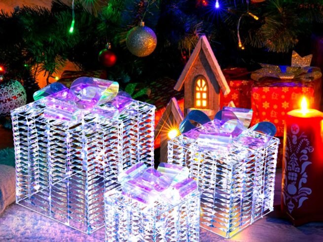 3 Iridescent Christmas Gift Boxes 156 Cool White LED Lights
