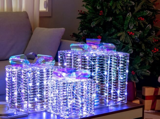 3 Iridescent Christmas Gift Boxes 156 Cool White LED Lights