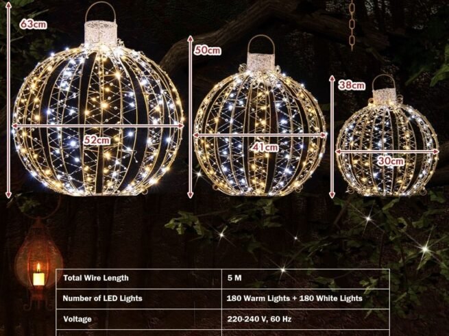 3 Decorative LED Christmas Balls 180 Warm and 180 White Light