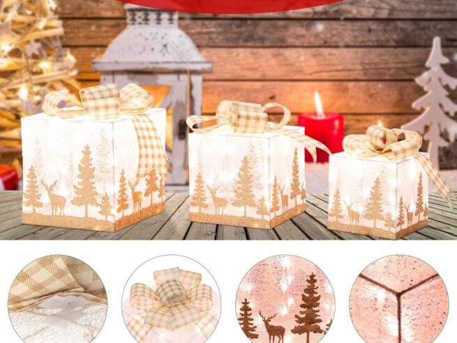 3 Christmas Lighted Gift Boxes 100 Lights Exquisite Patterns Bows