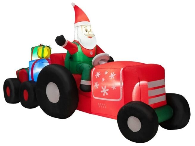 Inflatable Christmas Santa Claus Driving a Tractor with Gifts and LED Lights