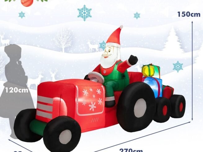 Inflatable Christmas Santa Claus Driving a Tractor with Gifts and LED Lights