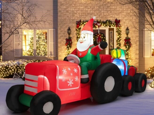 Inflatable Christmas Santa Claus Driving a Tractor with Gifts and LED Lights