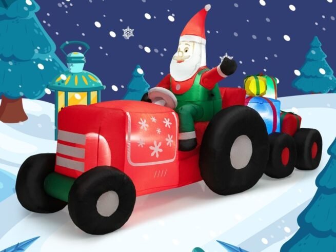 Inflatable Christmas Santa Claus Driving a Tractor with Gifts and LED Lights
