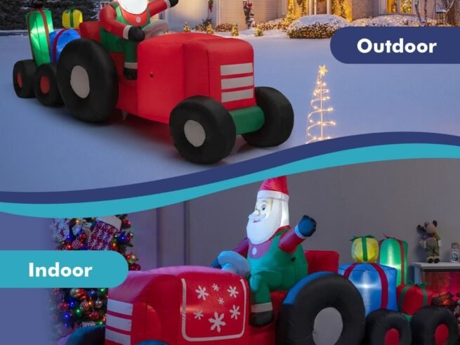 Inflatable Christmas Santa Claus Driving a Tractor with Gifts and LED Lights