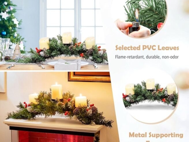 Artificial Christmas Centerpiece 3 Candle Holders Tabletop
