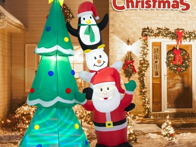 Inflatable Christmas Tree Santa Claus Snowman and Penguin 266cm Light