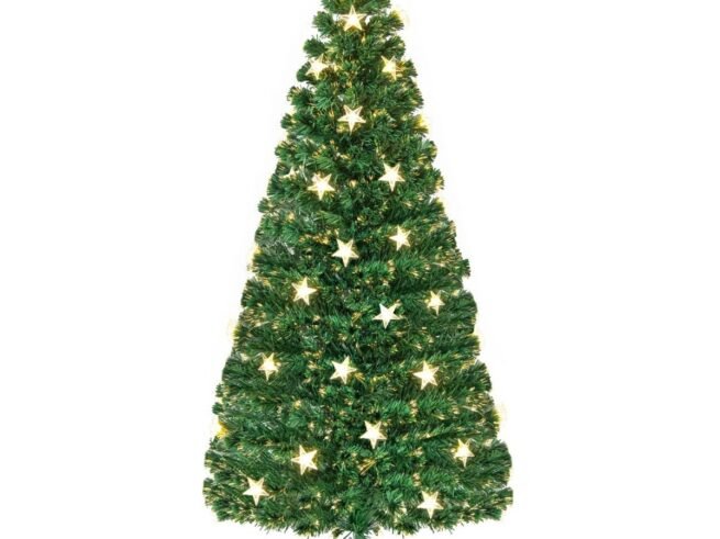 Illuminated Artificial Christmas Tree 180cm White Stars Fiber Optic and 8 Lighting Modes