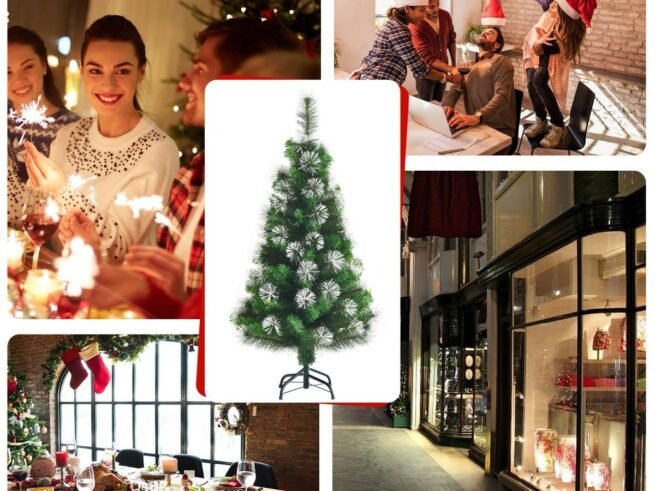 Hinged Artificial Christmas Tree 120cm Iridescent Pine Needles Metal Stand